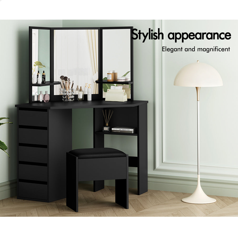 ALFORDSON Dressing Table Stool Set Makeup Tri-fold Mirror Vanity Desk Black