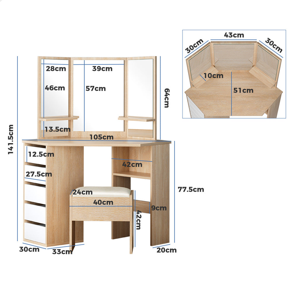 ALFORDSON Dressing Table Stool Set Makeup Tri-fold Mirror Vanity Desk Oak