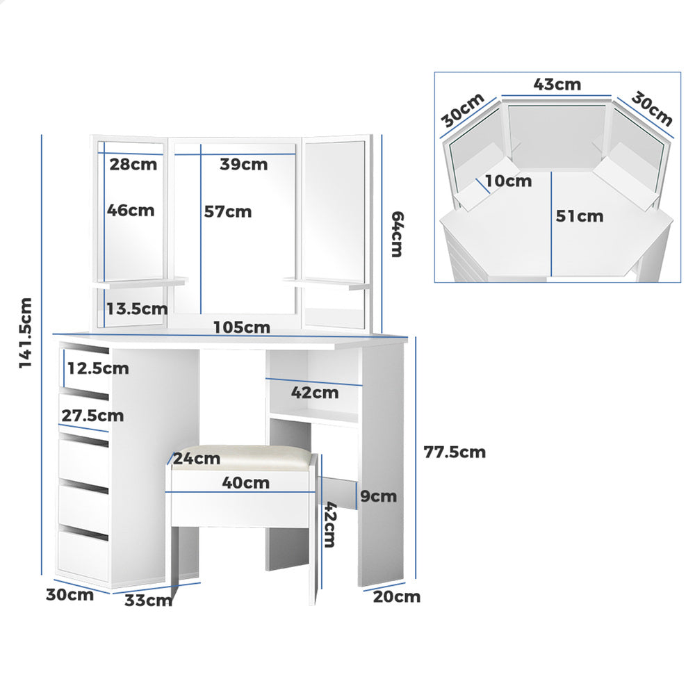 ALFORDSON Dressing Table Stool Set Makeup Tri-fold Mirror Vanity Desk White