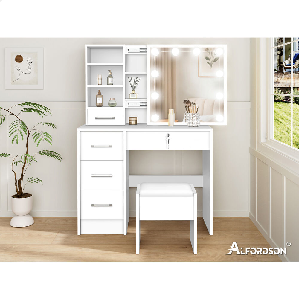 ALFORDSON Dressing Table Stool Set Makeup Storage Desk LED 10 Bulbs White