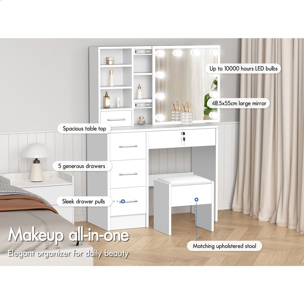 ALFORDSON Dressing Table Stool Set Makeup Storage Desk LED 10 Bulbs White