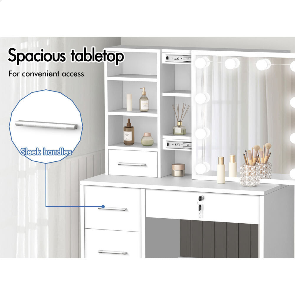 ALFORDSON Dressing Table Stool Set Makeup Storage Desk LED 10 Bulbs White