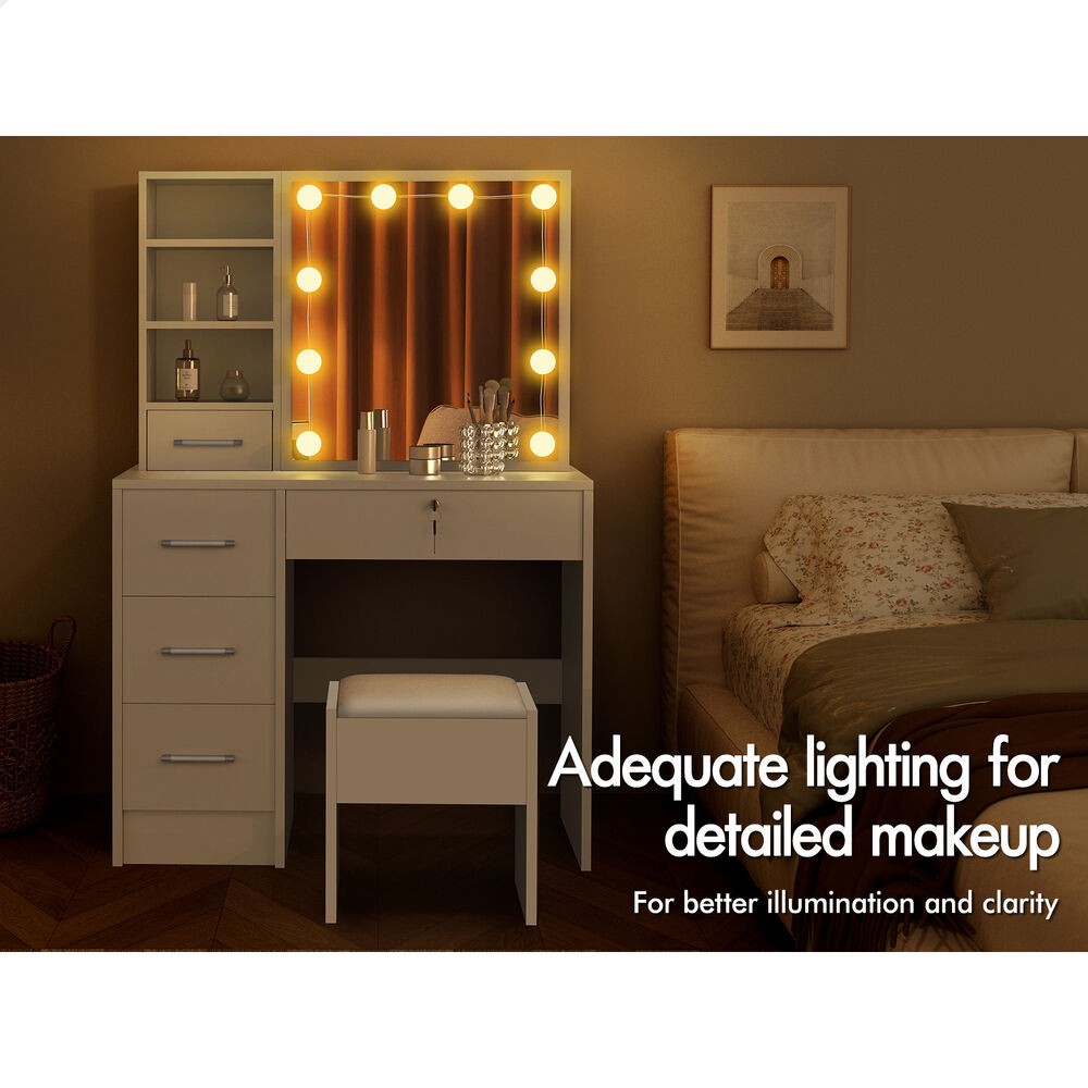 ALFORDSON Dressing Table Stool Set Makeup Storage Desk LED 10 Bulbs White