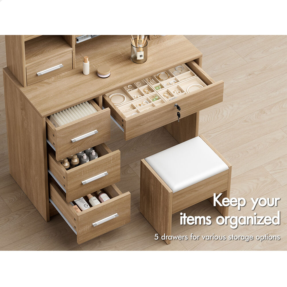 ALFORDSON Dressing Table Stool Set Makeup Storage Desk LED 10 Bulbs Oak