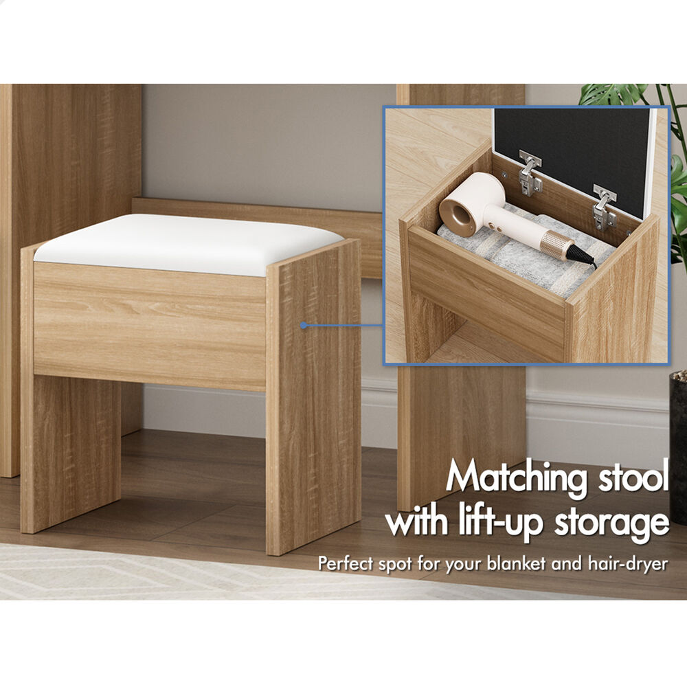 ALFORDSON Dressing Table Stool Set Makeup Storage Desk LED 10 Bulbs Oak