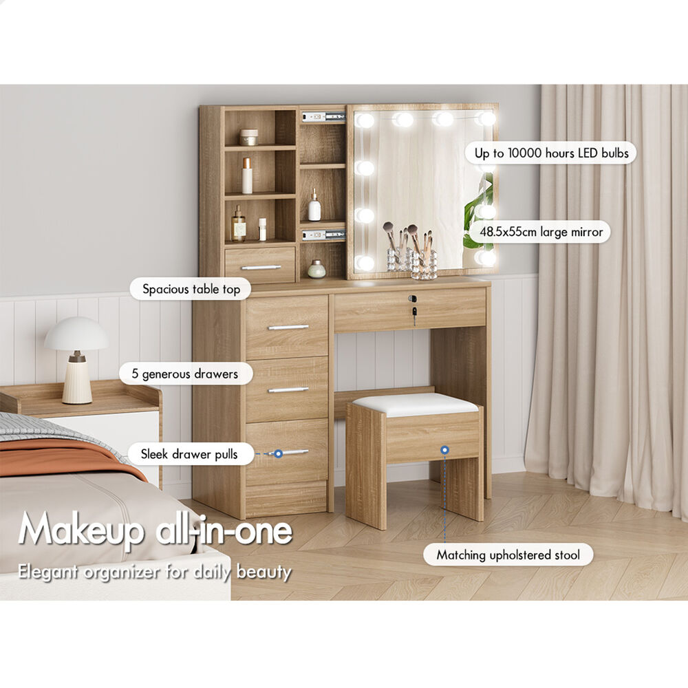 ALFORDSON Dressing Table Stool Set Makeup Storage Desk LED 10 Bulbs Oak