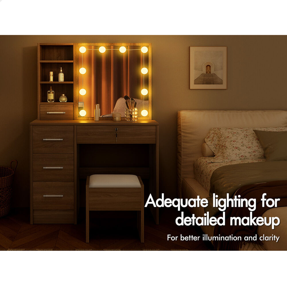 ALFORDSON Dressing Table Stool Set Makeup Storage Desk LED 10 Bulbs Oak
