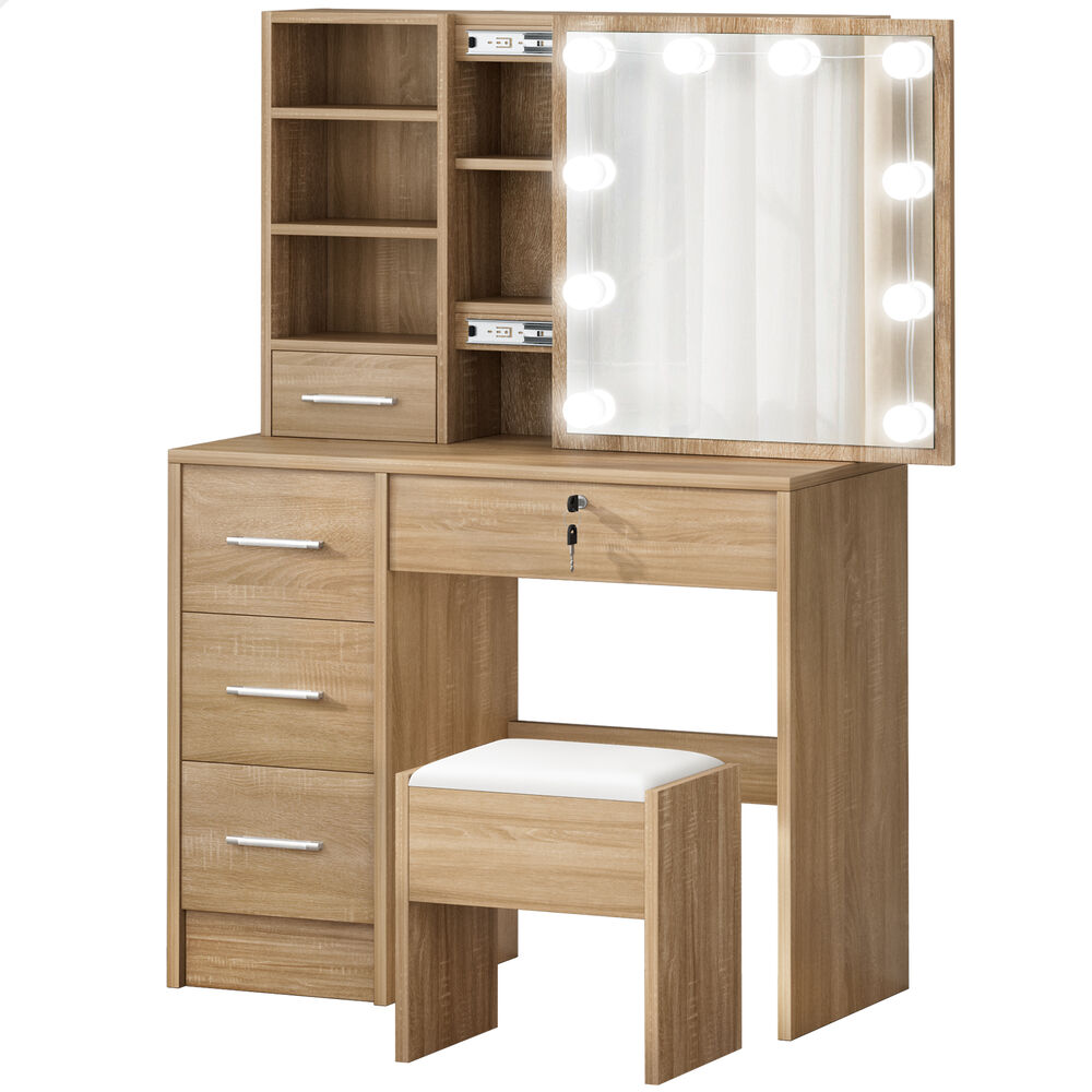 ALFORDSON Dressing Table Stool Set Makeup Storage Desk LED 10 Bulbs Oak