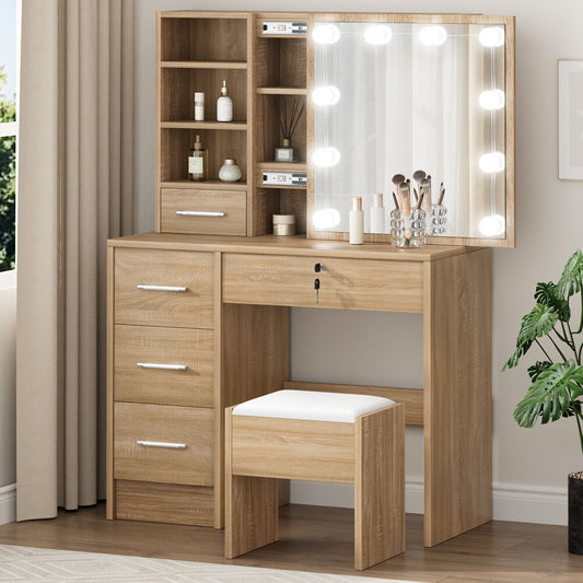 ALFORDSON Dressing Table Stool Set Makeup Storage Desk LED 10 Bulbs Oak