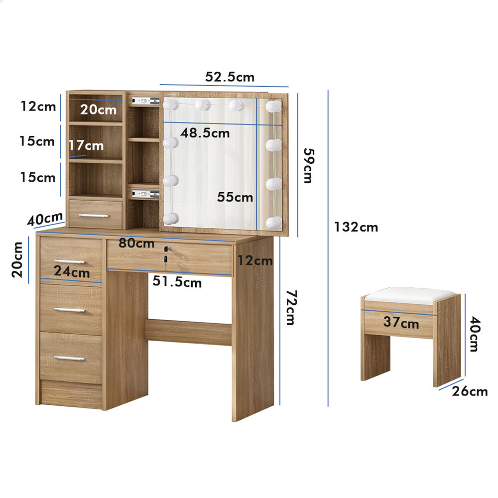 ALFORDSON Dressing Table Stool Set Makeup Storage Desk LED 10 Bulbs Oak