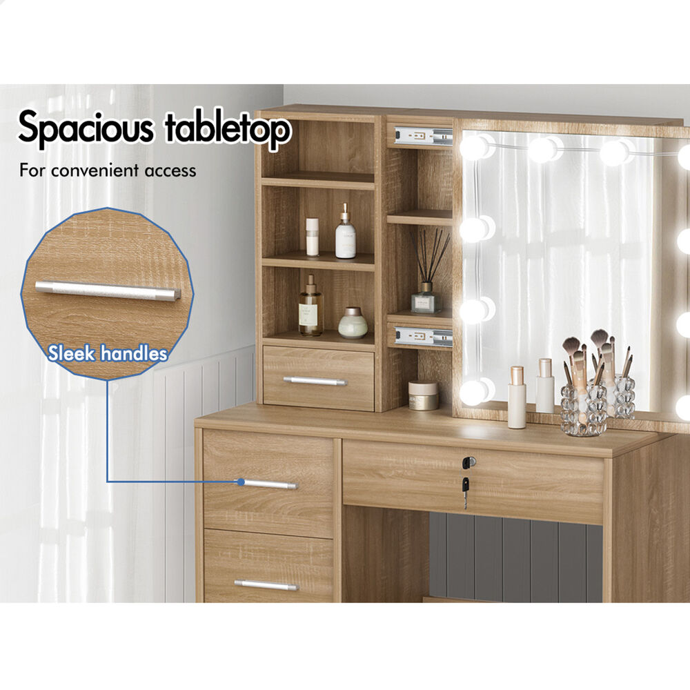 ALFORDSON Dressing Table Stool Set Makeup Storage Desk LED 10 Bulbs Oak