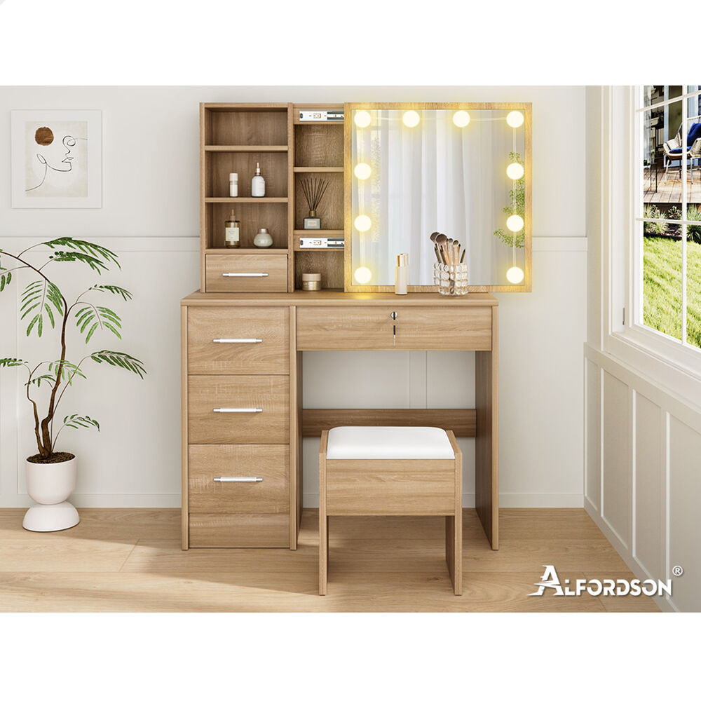 ALFORDSON Dressing Table Stool Set Makeup Storage Desk LED 10 Bulbs Oak
