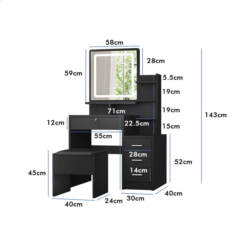 ALFORDSON Dressing Table Stool Set LED Makeup Mirror Vanity Desk Cabinet Black