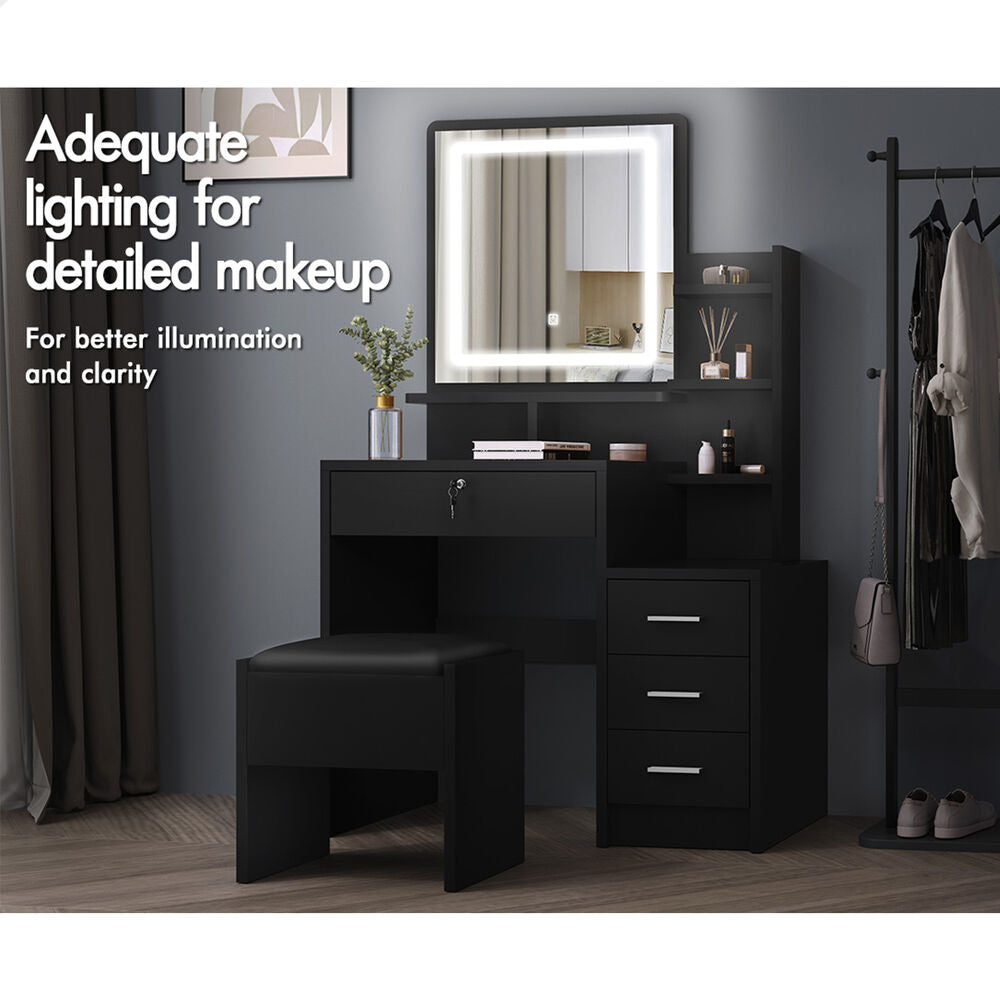 ALFORDSON Dressing Table Stool Set LED Makeup Mirror Vanity Desk Cabinet Black