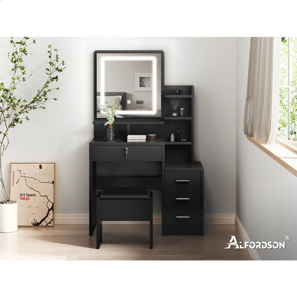 ALFORDSON Dressing Table Stool Set LED Makeup Mirror Vanity Desk Cabinet Black
