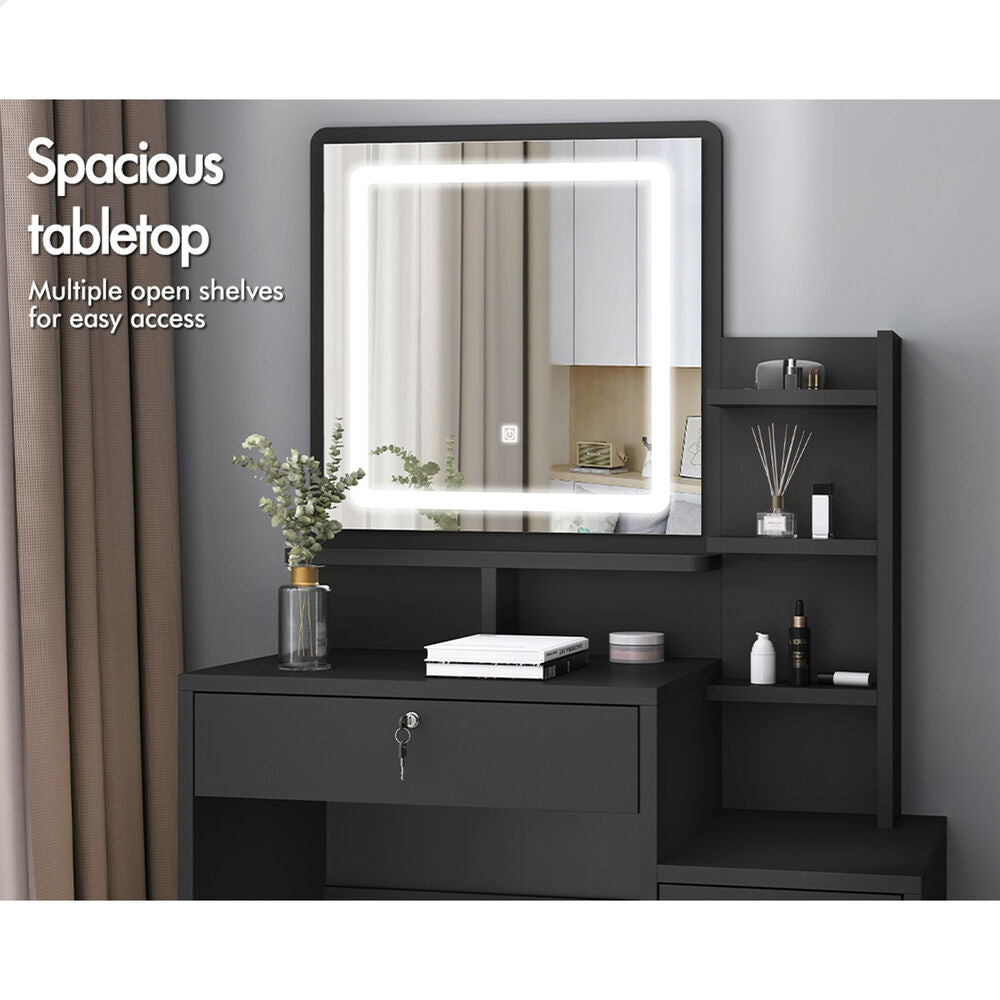 ALFORDSON Dressing Table Stool Set LED Makeup Mirror Vanity Desk Cabinet Black