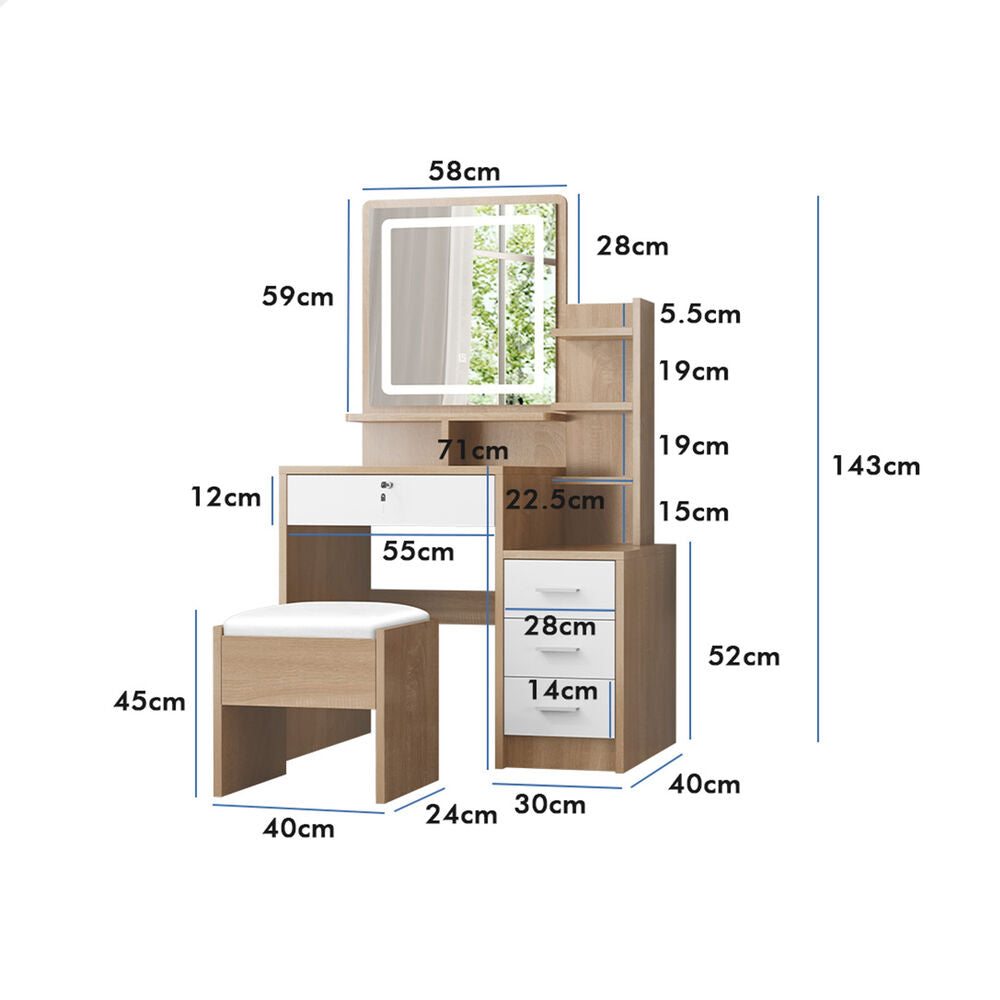 ALFORDSON Dressing Table Stool Set LED Makeup Mirror Vanity Desk Cabinet Wood