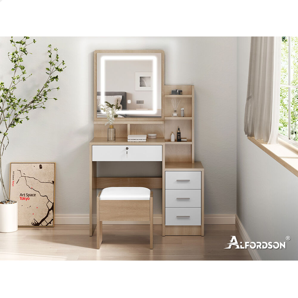 ALFORDSON Dressing Table Stool Set LED Makeup Mirror Vanity Desk Cabinet Wood