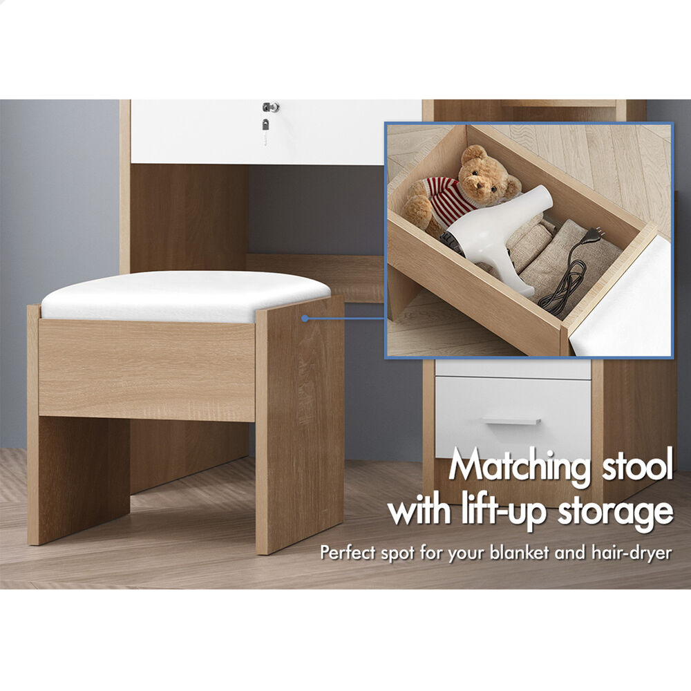 ALFORDSON Dressing Table Stool Set LED Makeup Mirror Vanity Desk Cabinet Wood