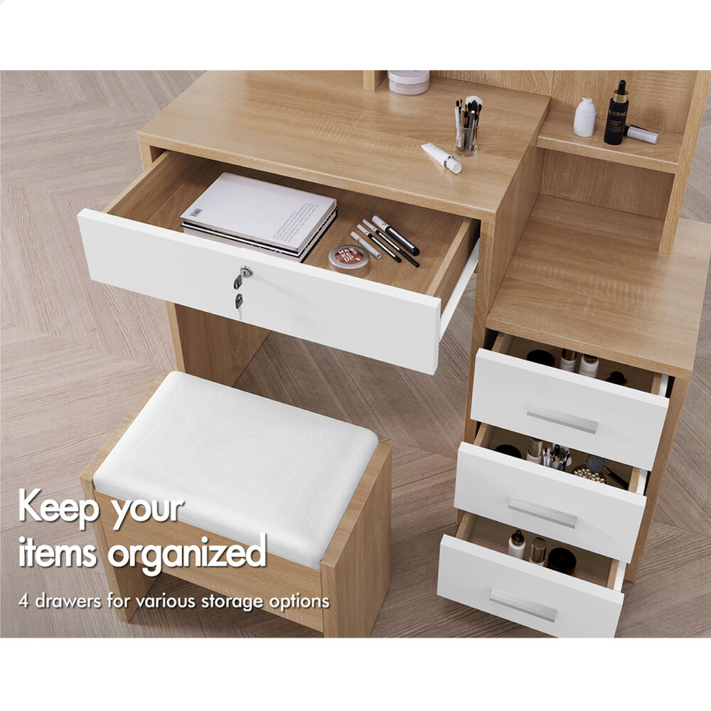 ALFORDSON Dressing Table Stool Set LED Makeup Mirror Vanity Desk Cabinet Wood