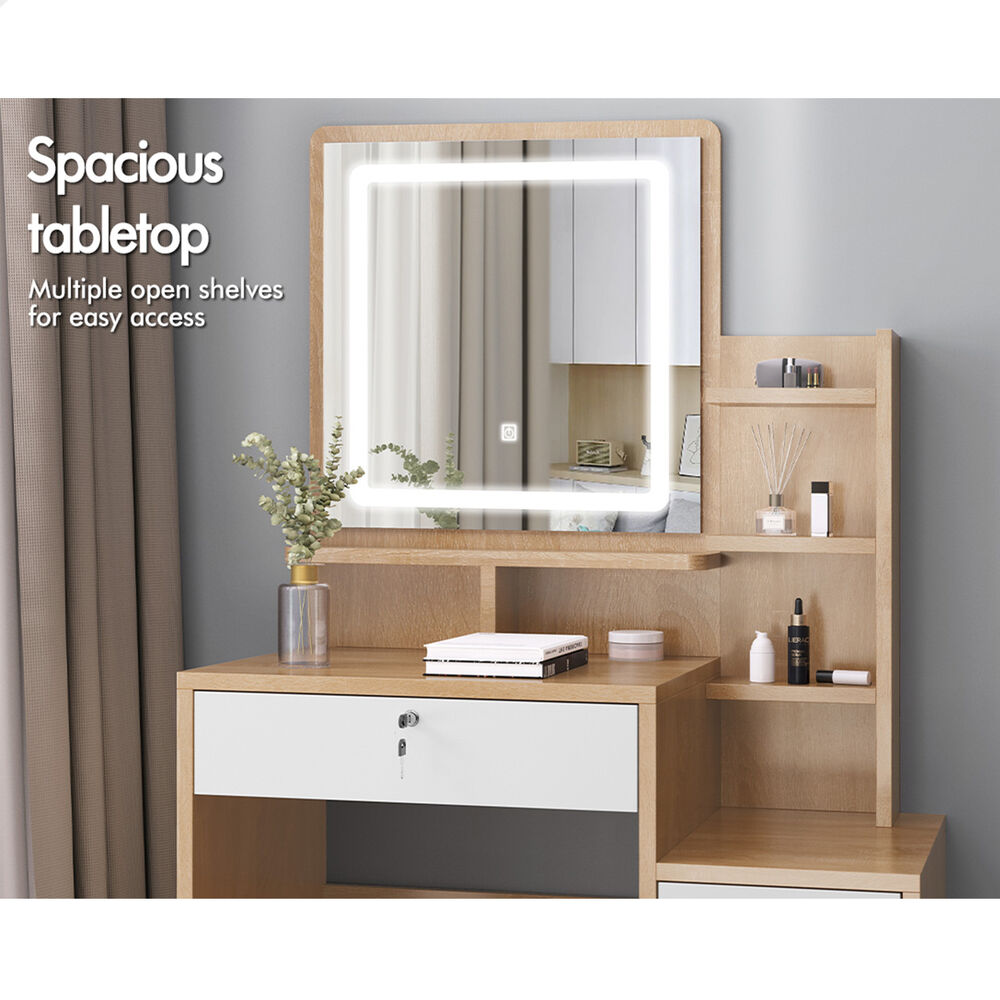 ALFORDSON Dressing Table Stool Set LED Makeup Mirror Vanity Desk Cabinet Wood