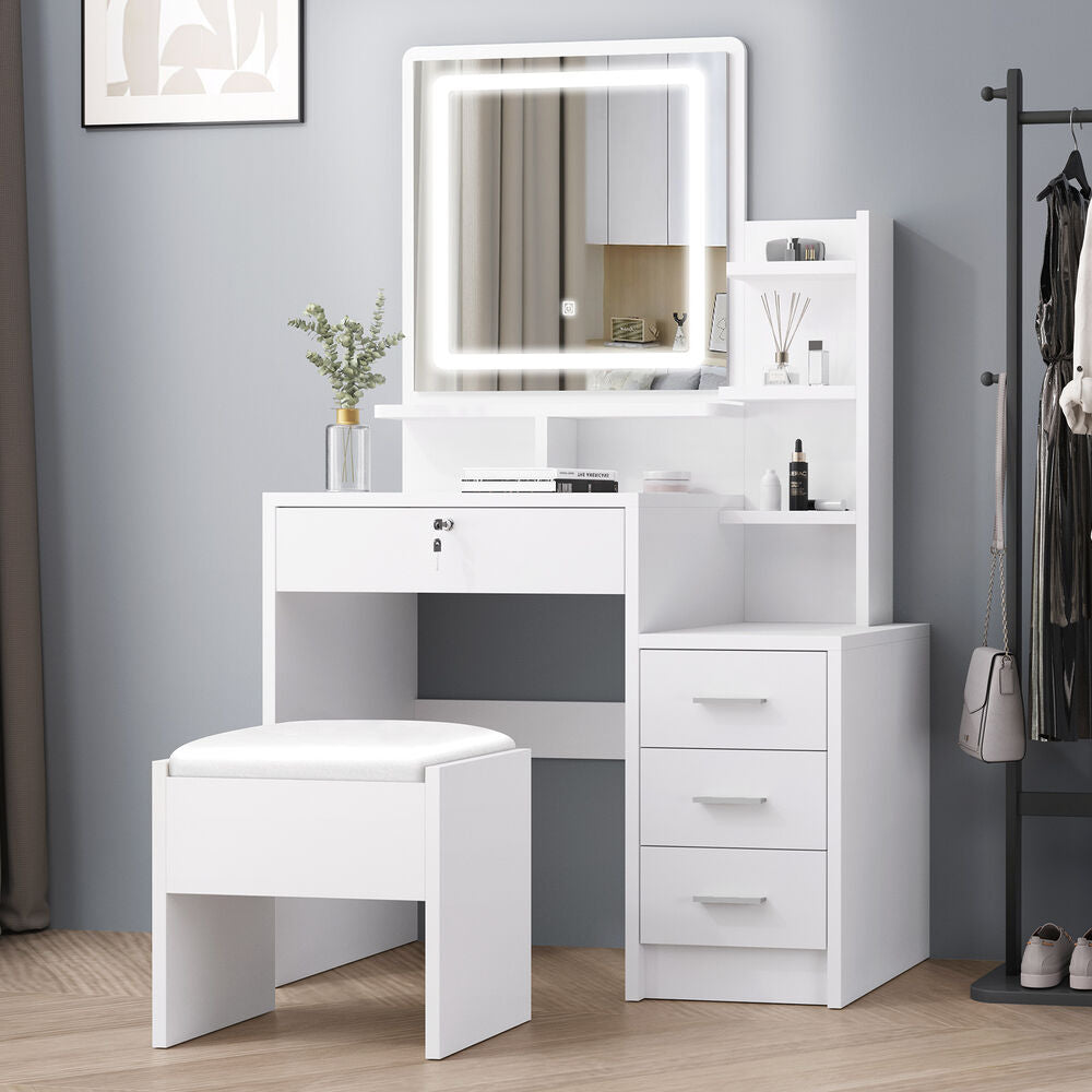 ALFORDSON Dressing Table Stool Set LED Makeup Mirror Vanity Desk Cabinet White