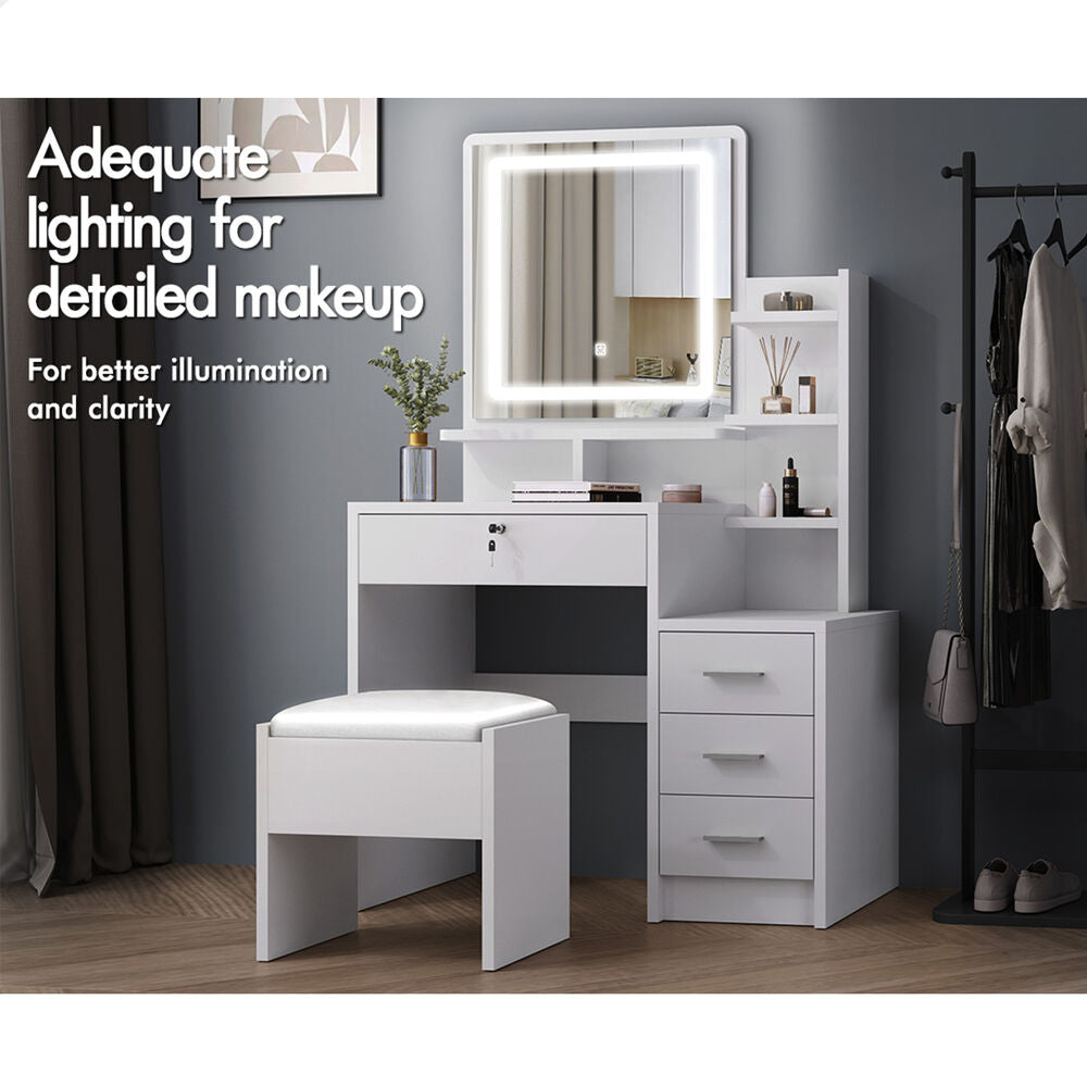 ALFORDSON Dressing Table Stool Set LED Makeup Mirror Vanity Desk Cabinet White
