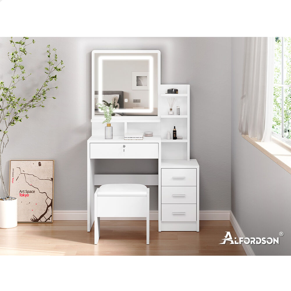 ALFORDSON Dressing Table Stool Set LED Makeup Mirror Vanity Desk Cabinet White