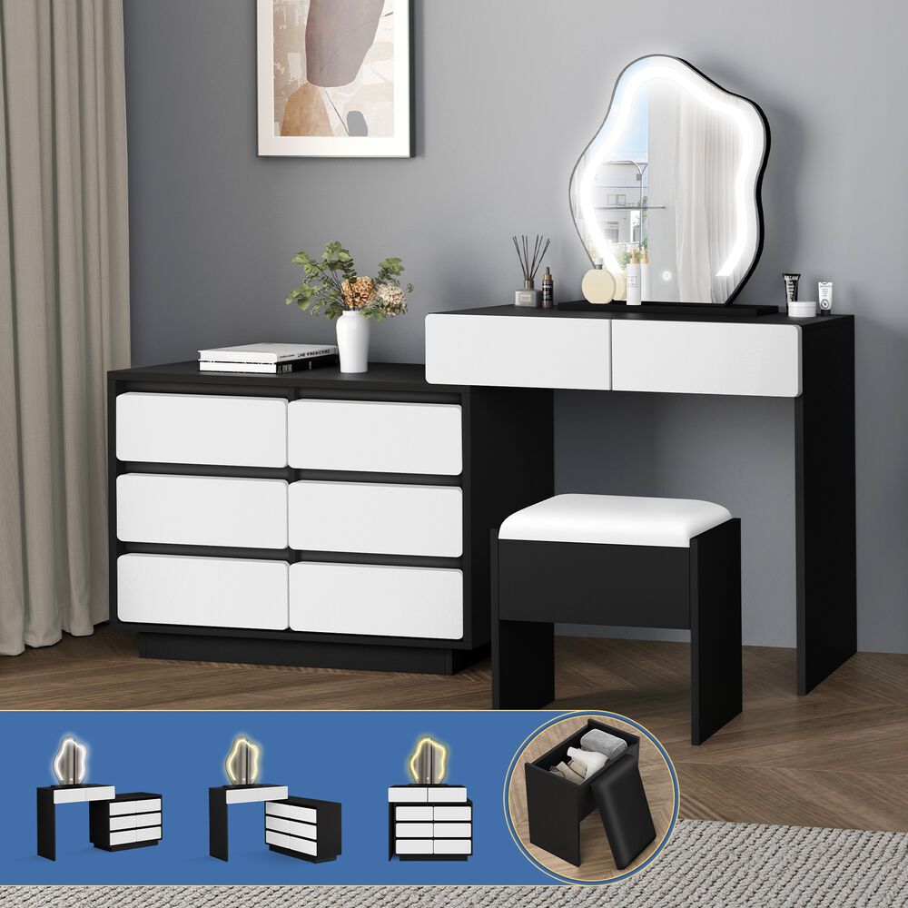 ALFORDSON Dressing Table Stool Set Makeup Mirror Desk LED 8 Drawers Black White