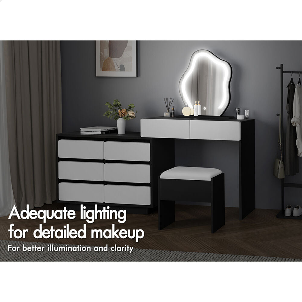 ALFORDSON Dressing Table Stool Set Makeup Mirror Desk LED 8 Drawers Black White