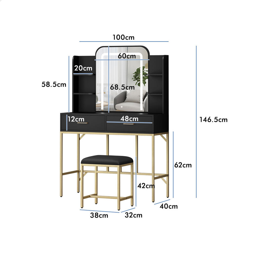 ALFORDSON Dressing Table Stool Set Makeup Mirror LED Vanity Desk Metal Black