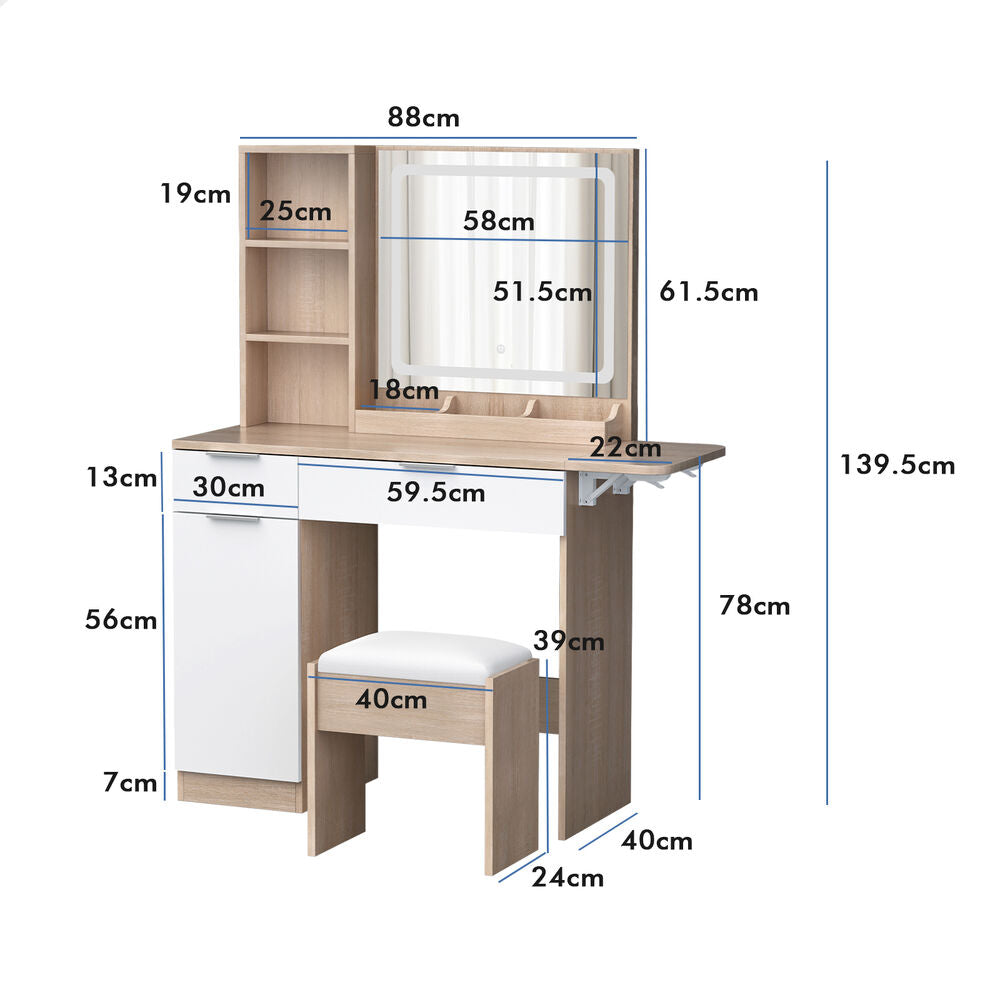 ALFORDSON Dressing Table Stool Set LED Vanity Desk Makeup Mirror Drawers Oak