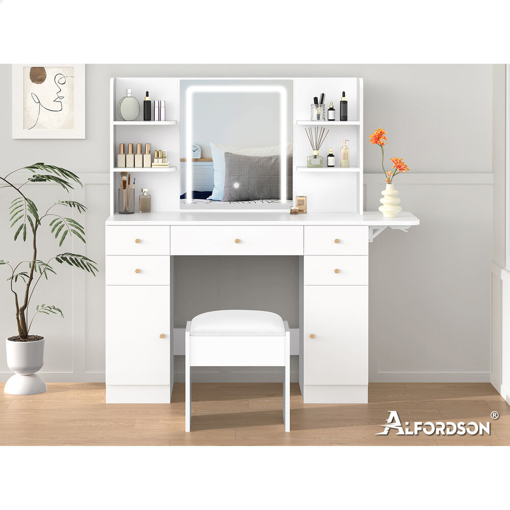 ALFORDSON Dressing Table Stool Set Makeup Mirror LED Vanity Desk 5 Drawers White