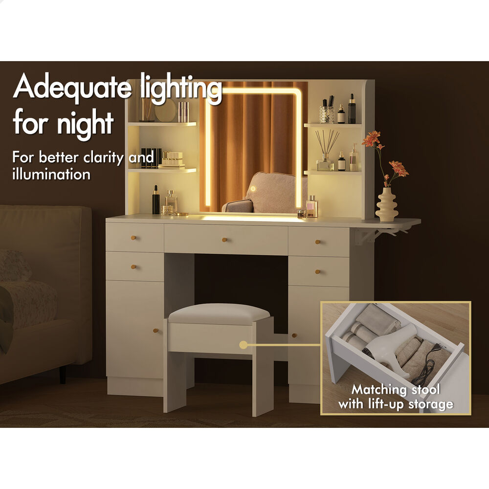 ALFORDSON Dressing Table Stool Set Makeup Mirror LED Vanity Desk 5 Drawers White