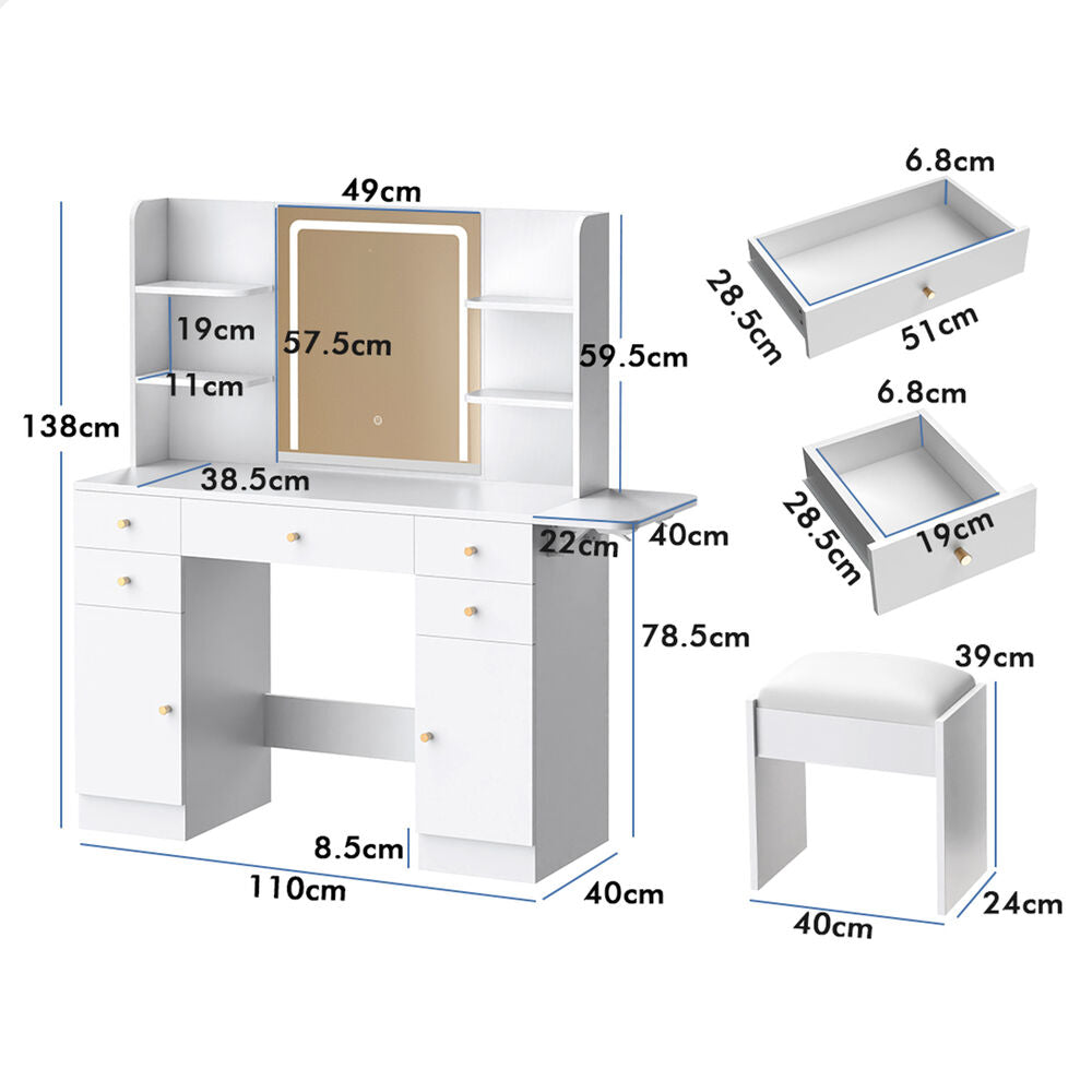 ALFORDSON Dressing Table Stool Set Makeup Mirror LED Vanity Desk 5 Drawers White