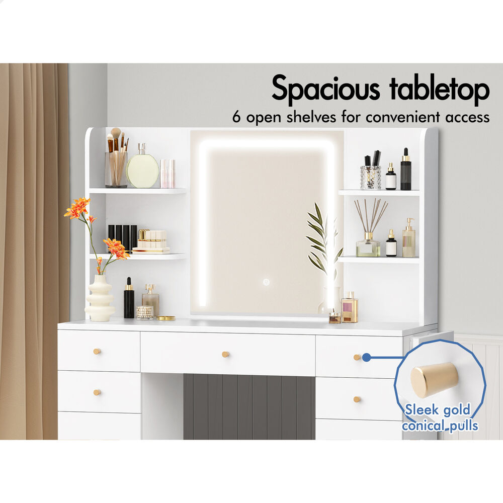 ALFORDSON Dressing Table Stool Set Makeup Mirror LED Vanity Desk 5 Drawers White