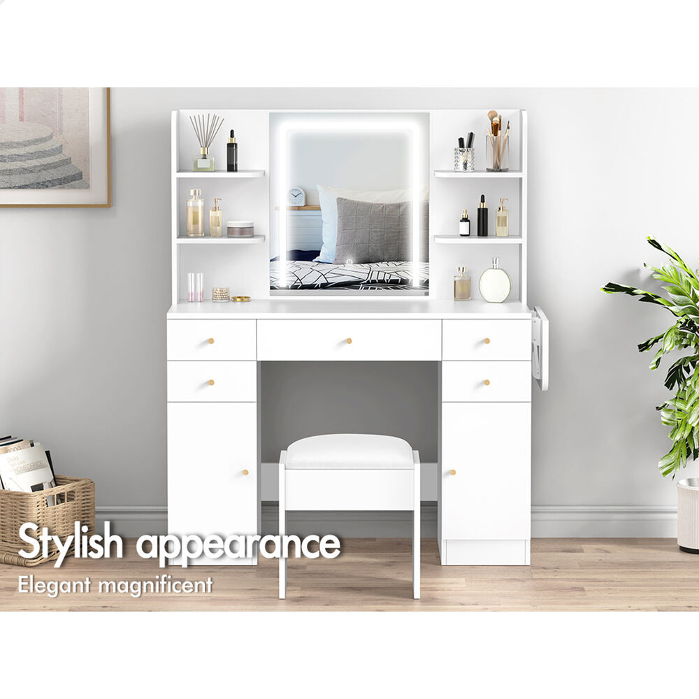 ALFORDSON Dressing Table Stool Set Makeup Mirror LED Vanity Desk 5 Drawers White