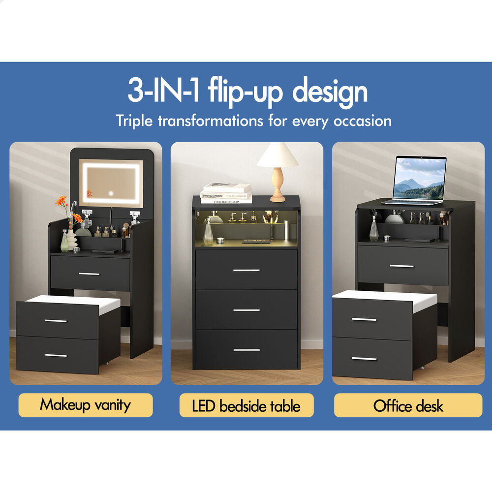 ALFORDSON 2x Dressing Table Stool Set 2-In-1 Makeup Mirror Vanity Desk Black