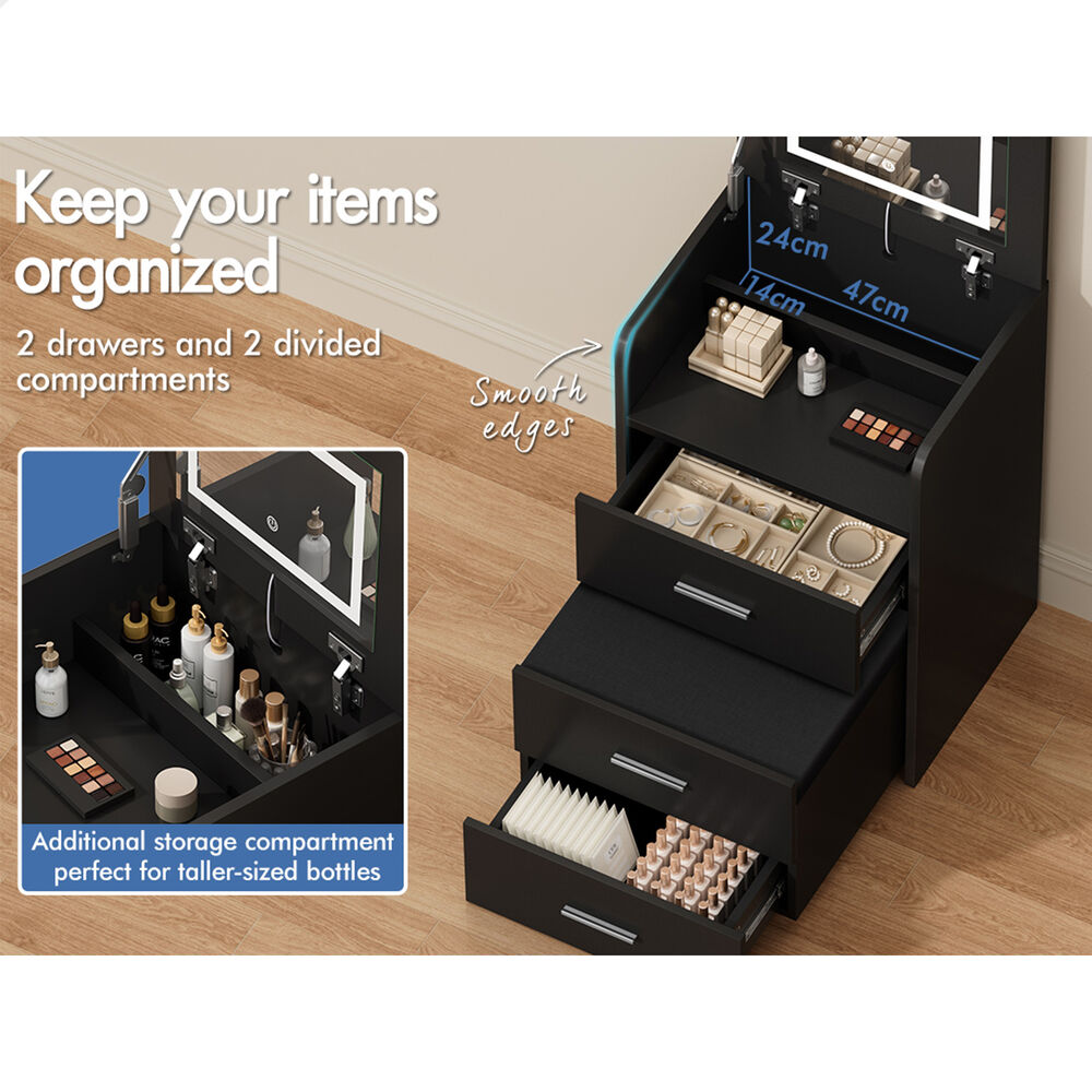 ALFORDSON 2x Dressing Table Stool Set 3-in-1 Makeup Mirror Vanity Desk Black