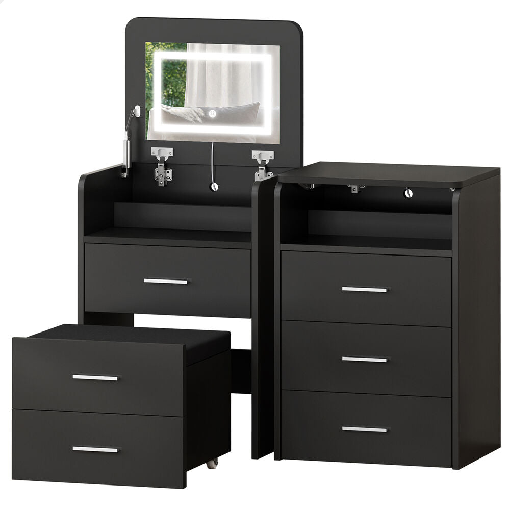 ALFORDSON 2x Dressing Table Stool Set 3-in-1 Makeup Mirror Vanity Desk Black