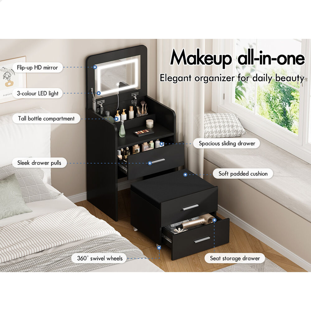ALFORDSON 2x Dressing Table Stool Set 3-in-1 Makeup Mirror Vanity Desk Black