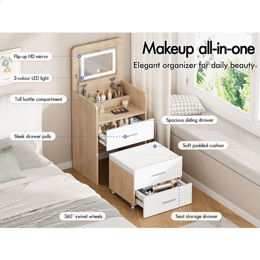 ALFORDSON Dressing Table Stool Set 3-in-1 Makeup Mirror Vanity Desk Wood
