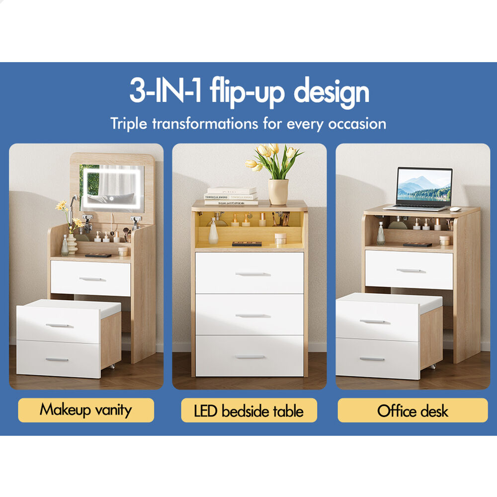 ALFORDSON Dressing Table Stool Set 3-in-1 Makeup Mirror Vanity Desk Wood