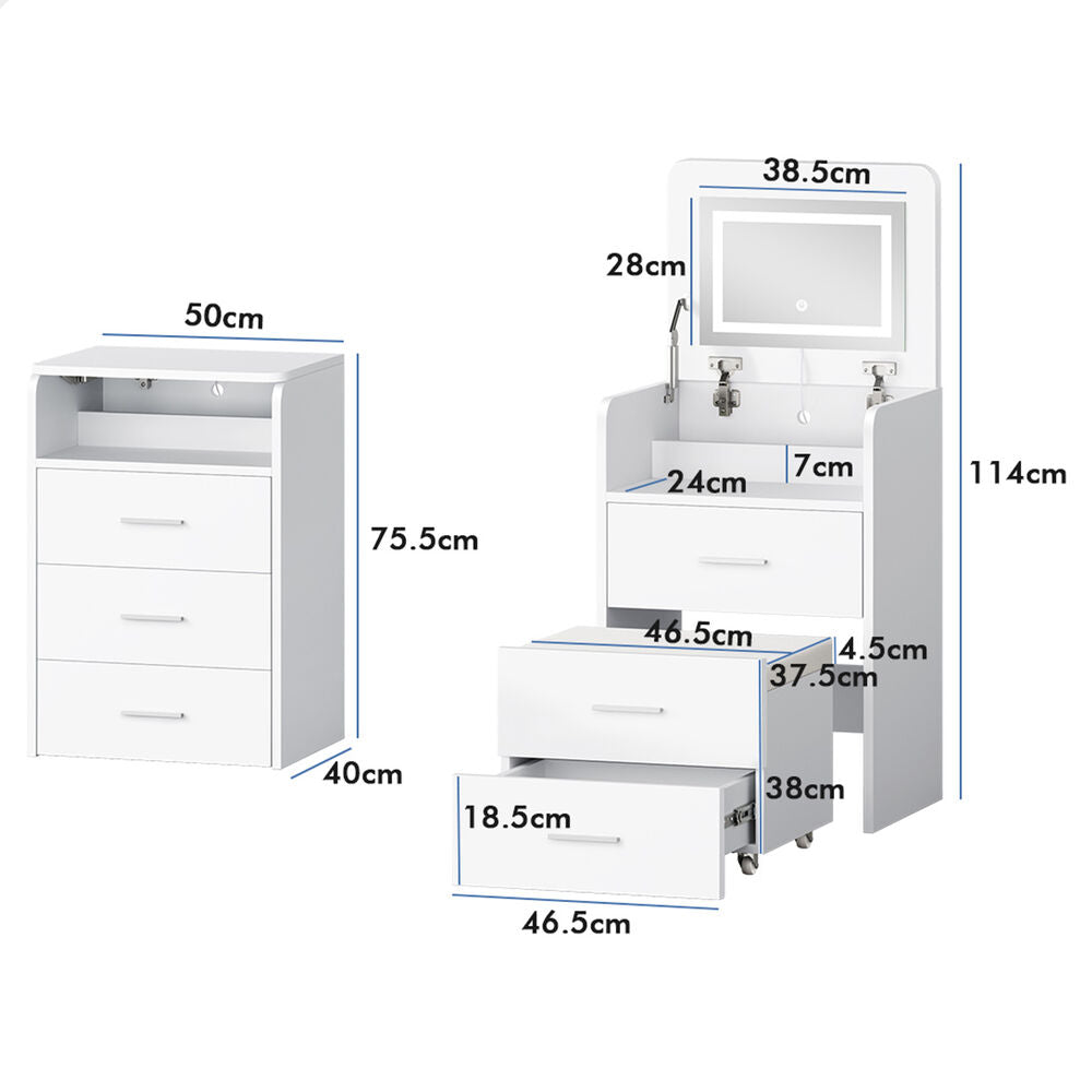 ALFORDSON 2x Dressing Table Stool Set 3-in-1 Makeup Mirror Vanity Desk White