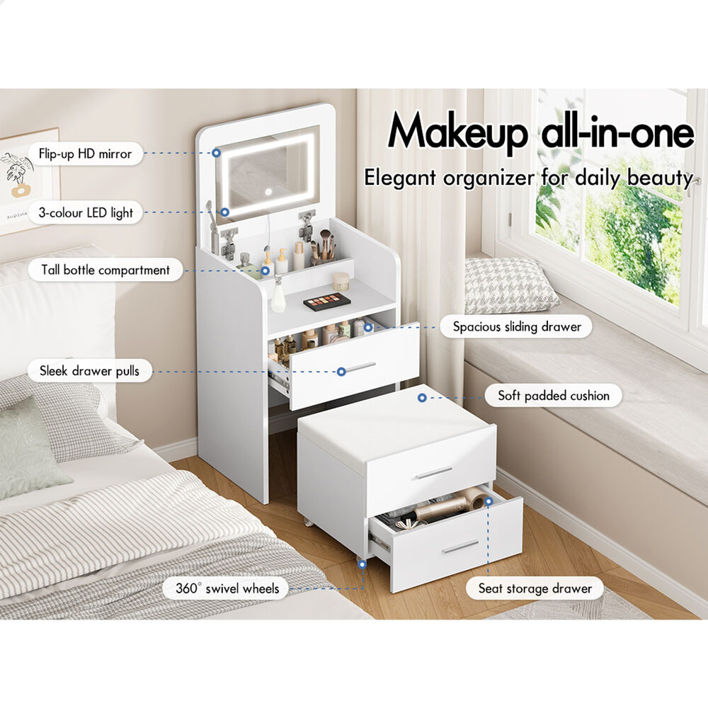 ALFORDSON 2x Dressing Table Stool Set 3-in-1 Makeup Mirror Vanity Desk White