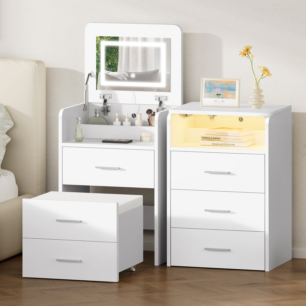 ALFORDSON 2x Dressing Table Stool Set 3-in-1 Makeup Mirror Vanity Desk White