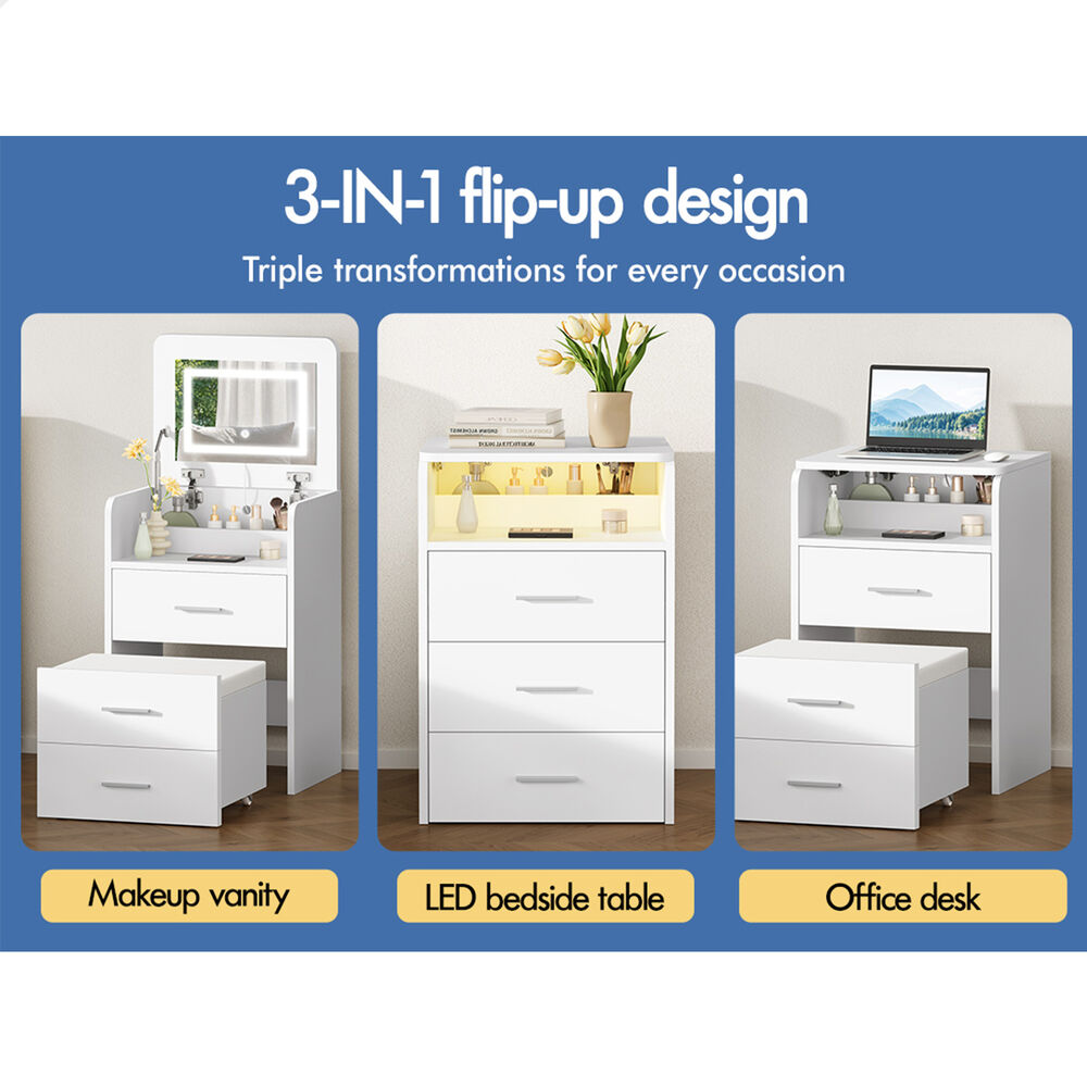 ALFORDSON Dressing Table Stool Set 3-in-1 Makeup Mirror Vanity Desk White