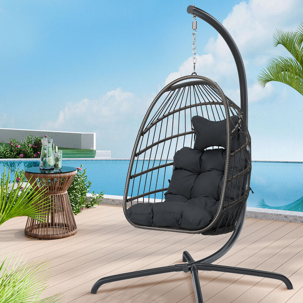 ALFORDSON Outdoor Egg Swing Chair Wicker Rattan Pod Foldable Seat Dark Grey