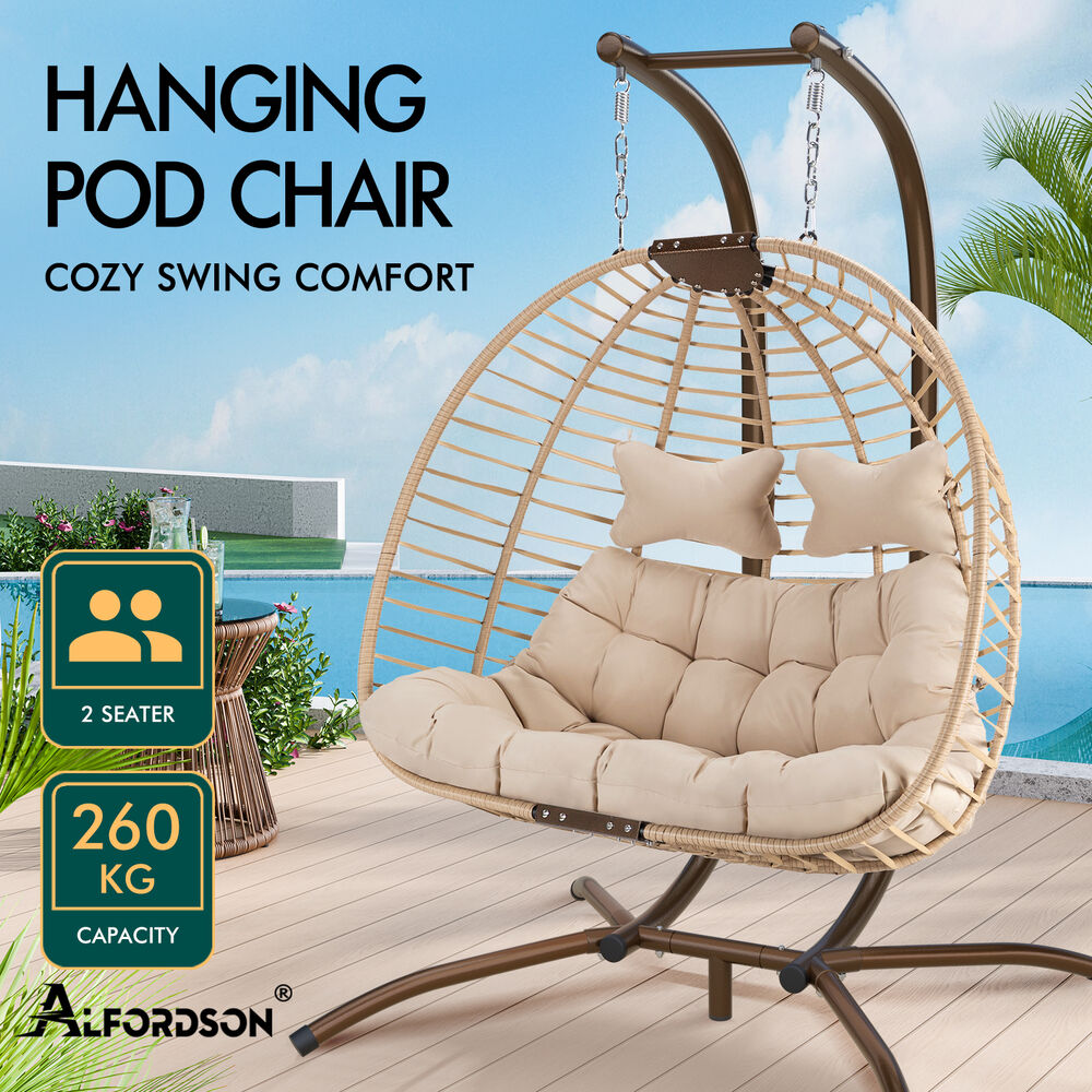ALFORDSON Outdoor 2 Seater Egg Chair Wicker Rattan Pod Hanging Swing Beige
