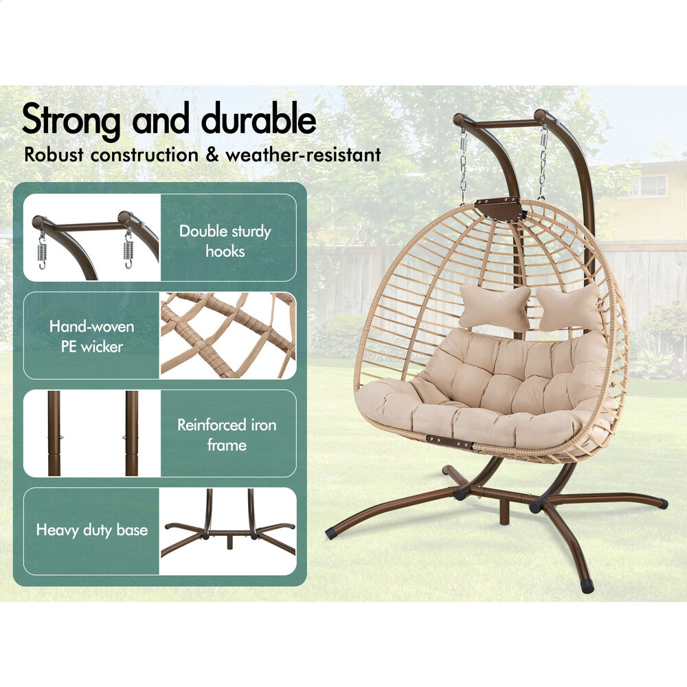 ALFORDSON Outdoor 2 Seater Egg Chair Wicker Rattan Pod Hanging Swing Beige